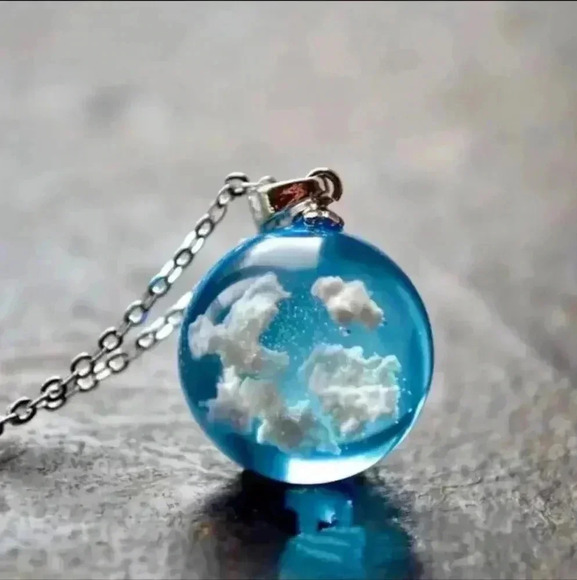 Blue Sky White Cloud Necklace Transparent Ball Shape Resin Pendant Necklace..NWT - Picture 2 of 5